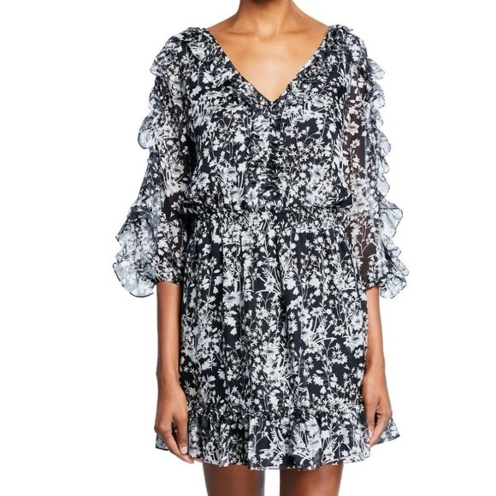 Shoshanna Silk Praiano Floral-Print V-Neck Ruffle Trim Mini Dress